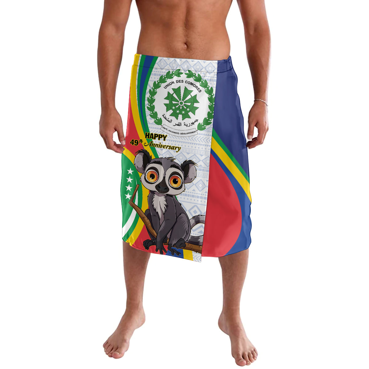 Lavalava wrap skirt with lemur illustration, green crest badge, and rainbow stripe accents