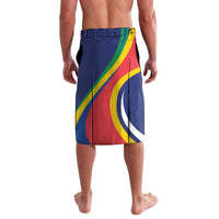 Lavalava wrap skirt with dark blue, red-yellow-green stripe pattern panel