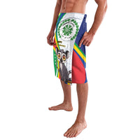 Lavalava wrap skirt with lemur graphic, round crest emblem, and colorful stripe trim