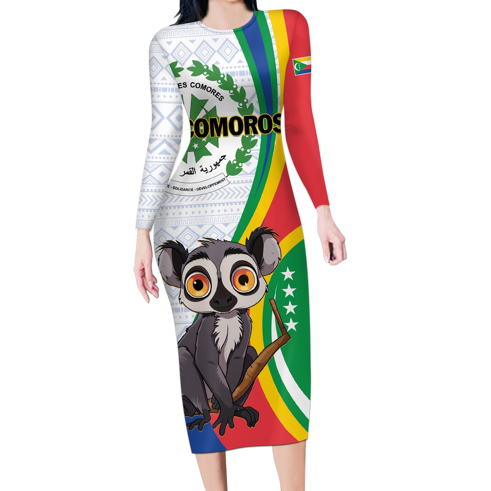 Comoros Independence Day Long Sleeve Bodycon Dress 1975 Komori Mongoose Lemur African Pattern - Wonder Print Shop