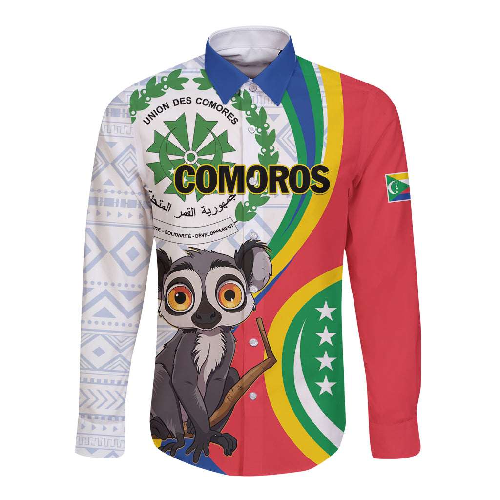 Unisex long-sleeve button shirt with colorful flag graphics and lemur illustration