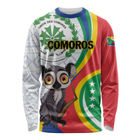 Unisex long sleeve shirt with Comoros flag colors, COMOROS text, and lemur print