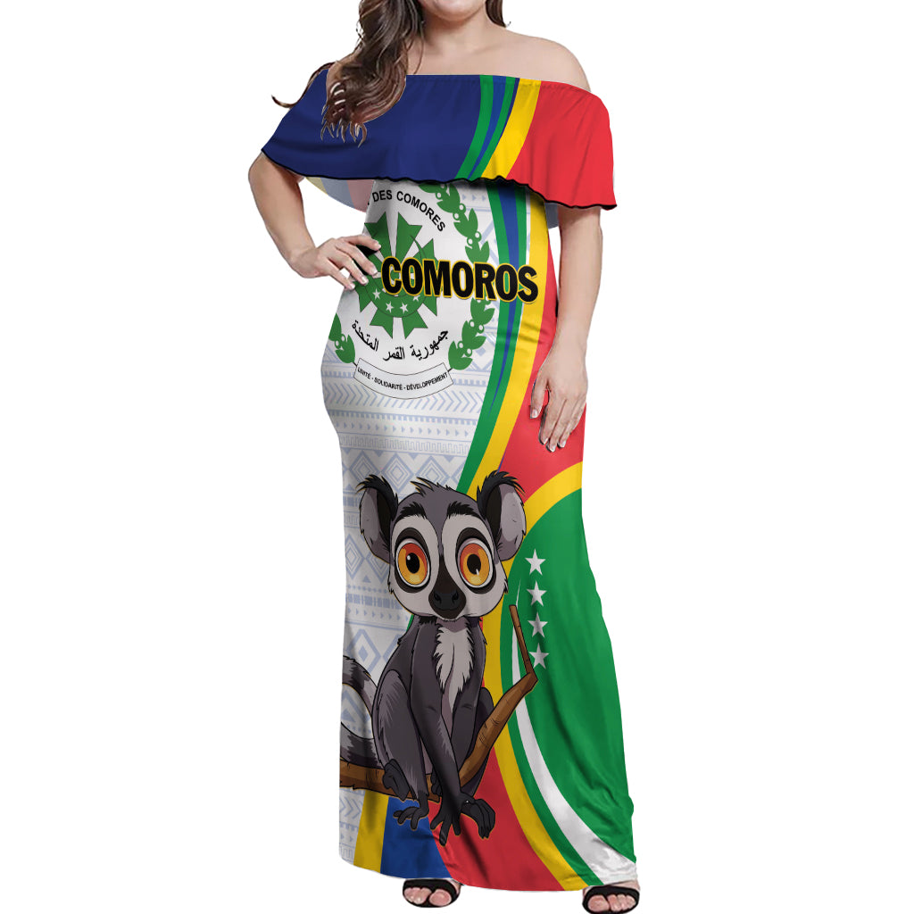 Comoros Independence Day Off Shoulder Maxi Dress 1975 Komori Mongoose Lemur African Pattern - Wonder Print Shop