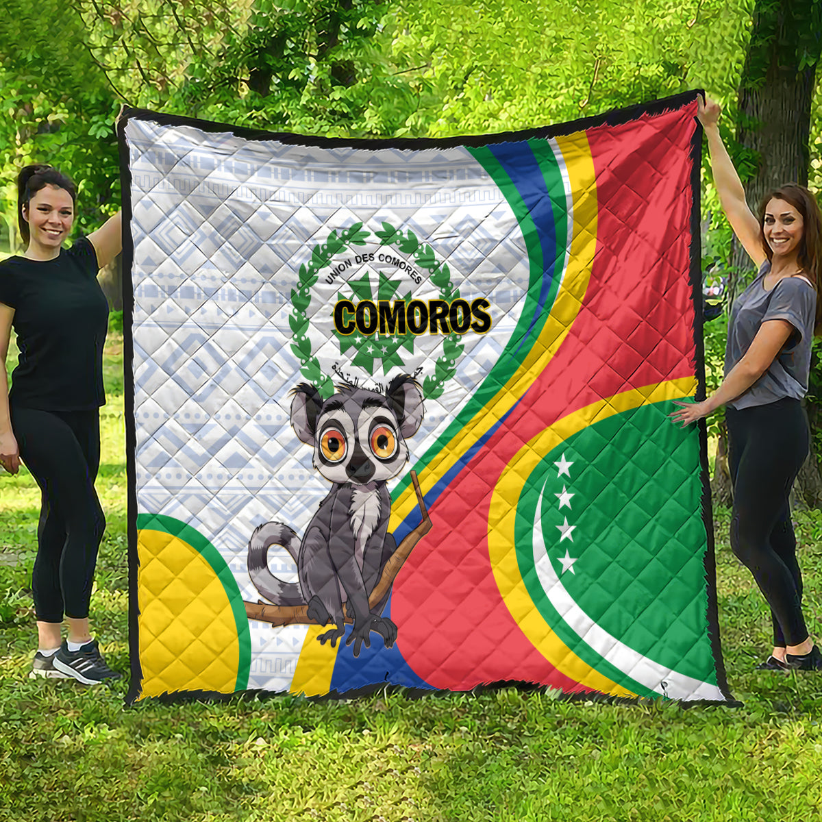 Comoros flag quilt with colorful stripes and cartoon lemur face, quilted and full view