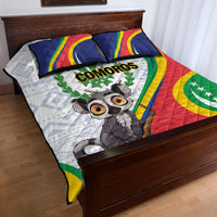 Comoros quilt bed set with lemur face, green emblem circle, and blue red flag waves