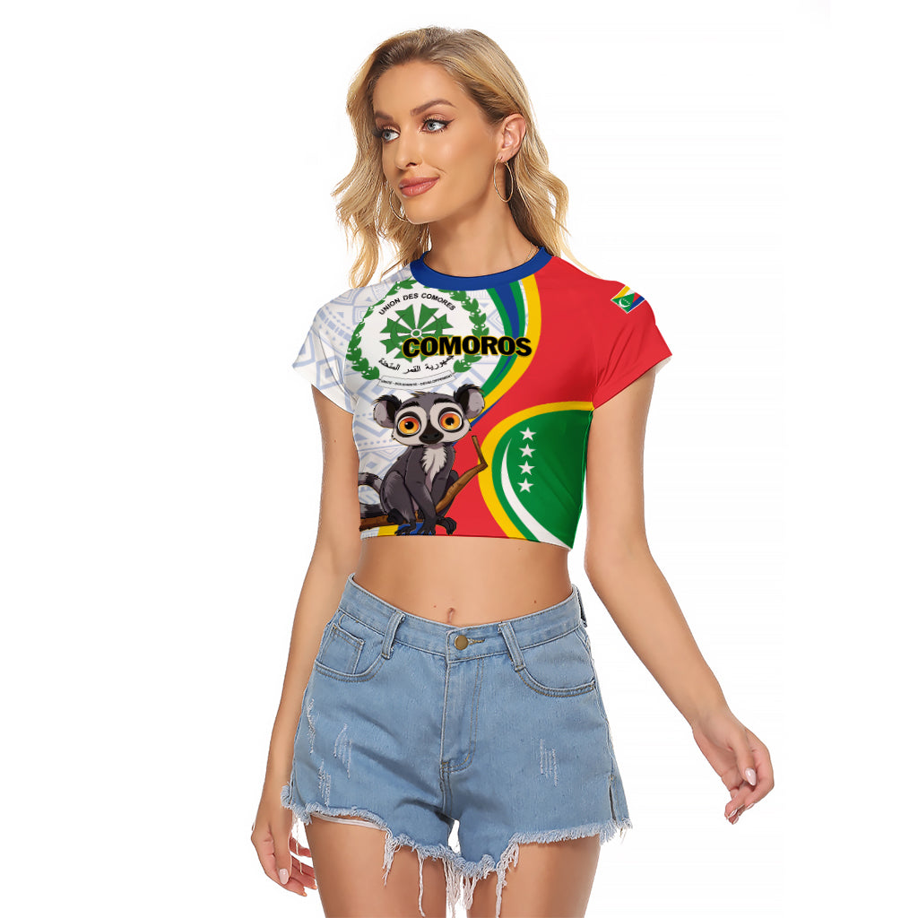 Comoros Independence Day Raglan Cropped T Shirt 1975 Komori Mongoose Lemur African Pattern - Wonder Print Shop