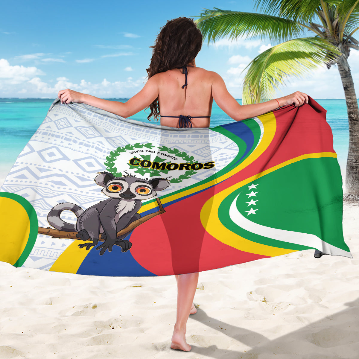 Comoros independence day sarong with flag colors, lemur graphic, and patterned borders