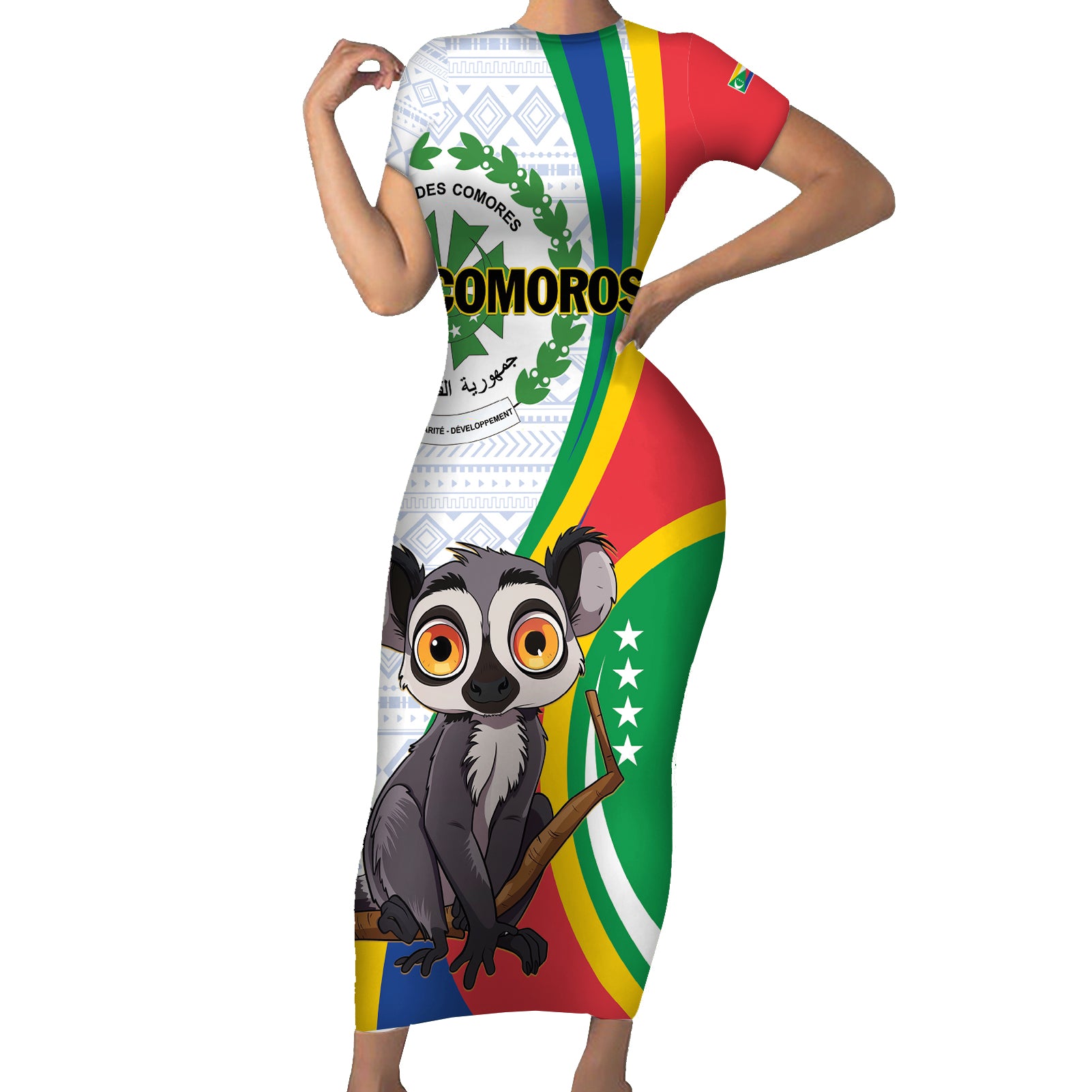 Comoros Independence Day Short Sleeve Bodycon Dress 1975 Komori Mongoose Lemur African Pattern - Wonder Print Shop