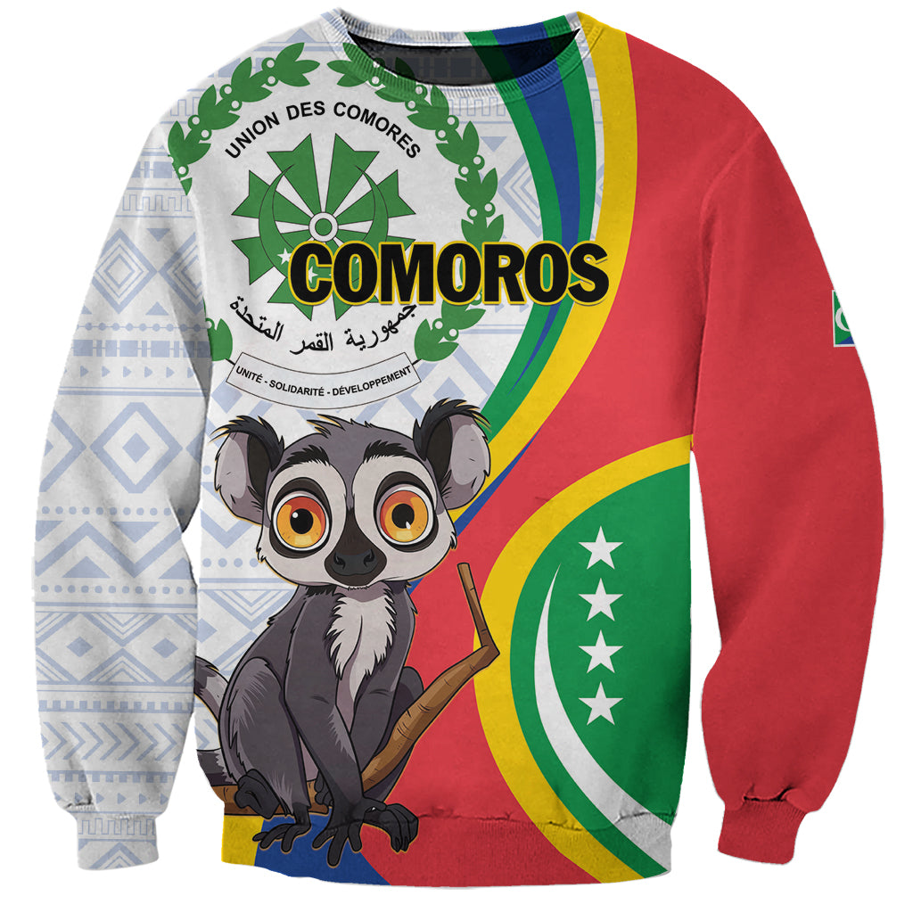 Unisex sweatshirt with COMOROS text, Comoros flag graphic, and lemur illustration