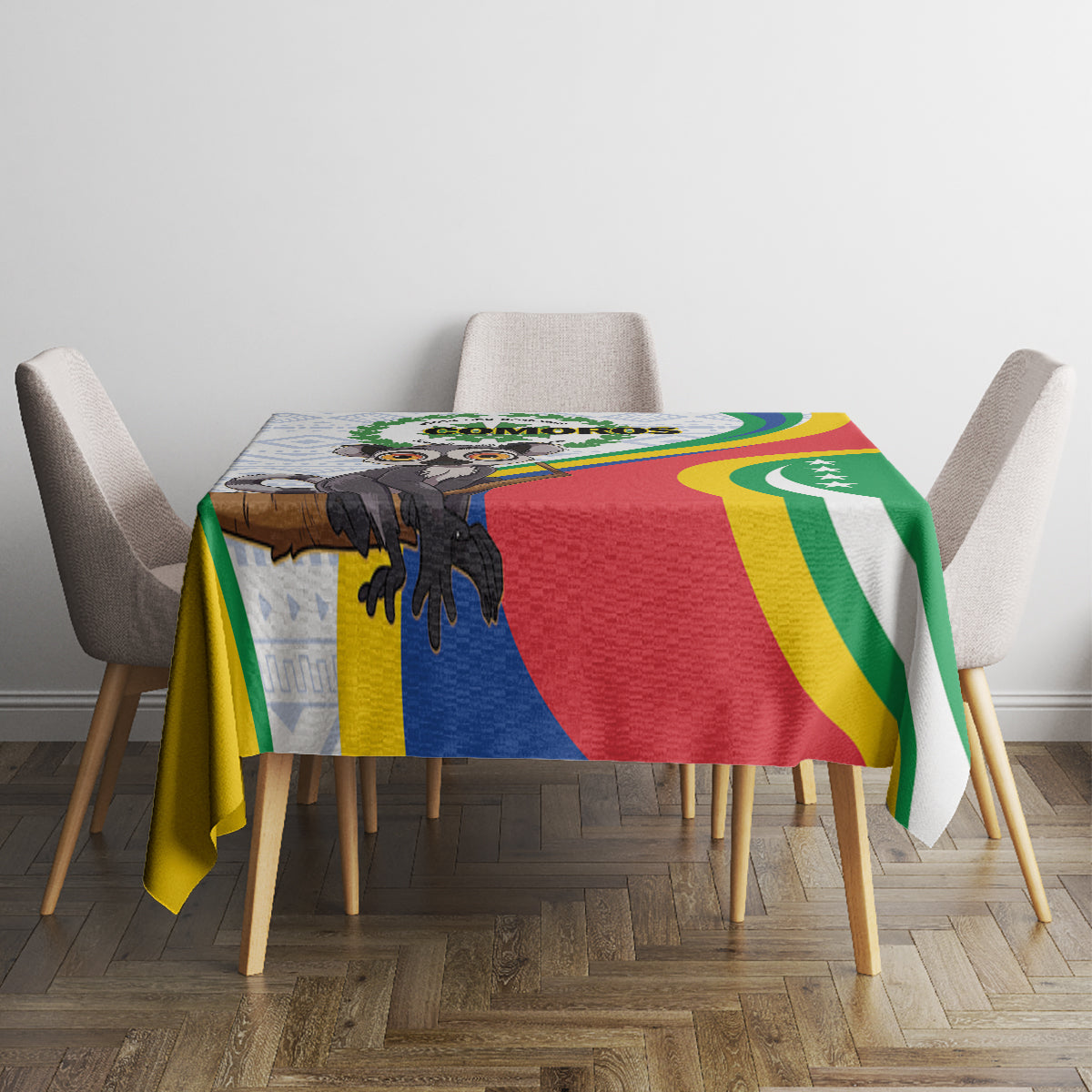 Comoros-themed tablecloth with animal artwork and flag-color geometric bands
