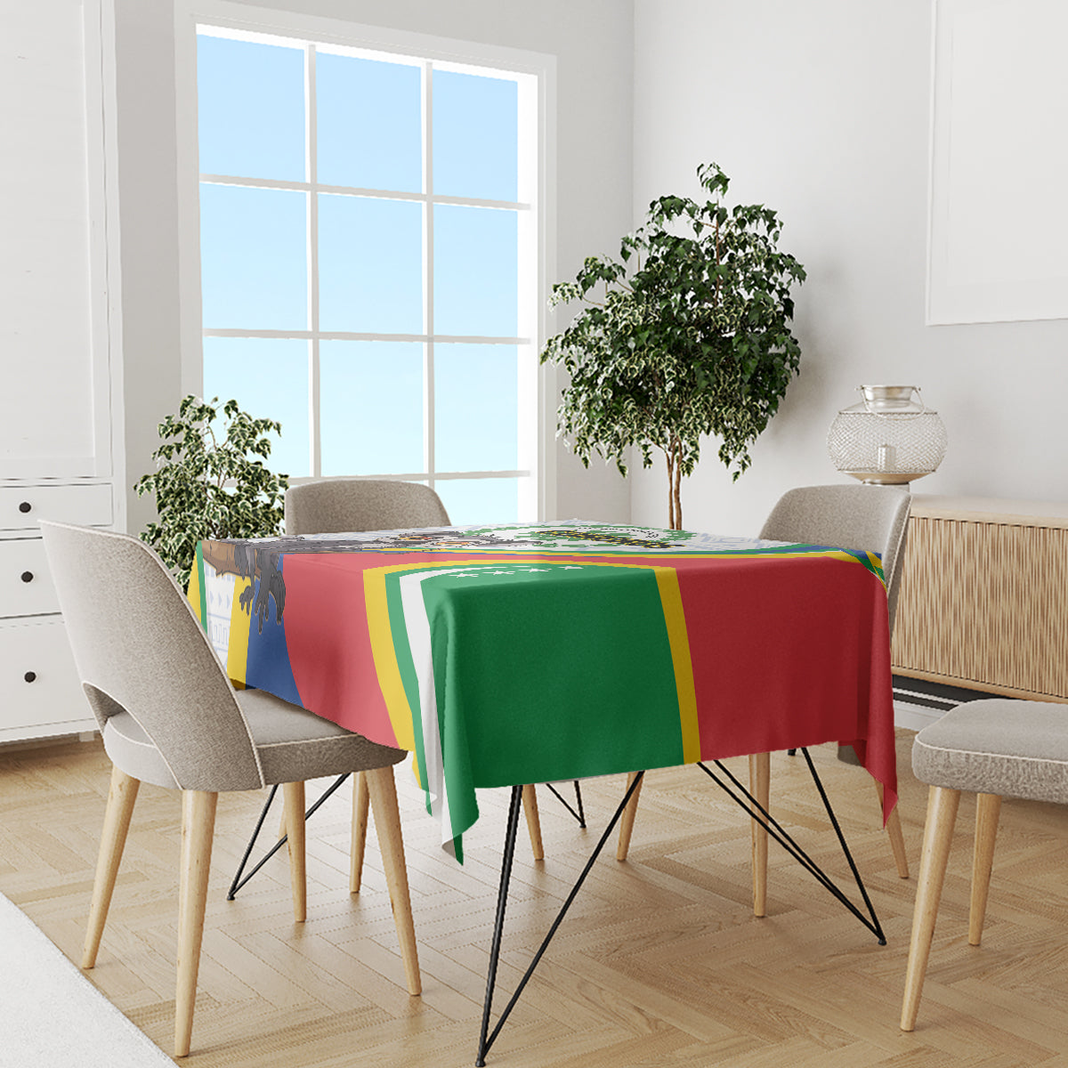 Comoros Independence Day tablecloth with red, green, and yellow flag pattern and borders