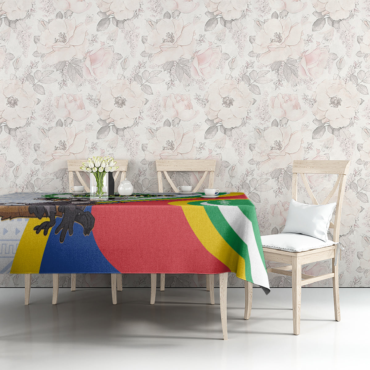 Comoros-themed tablecloth in red, green, and yellow stripes with animal scene