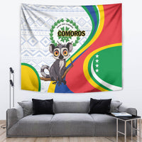 Comoros-themed tapestry with cartoon lemur and multicolor flag design