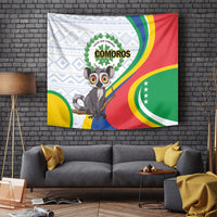 Comoros flag tapestry with patterned border, cartoon lemur, and shield emblem