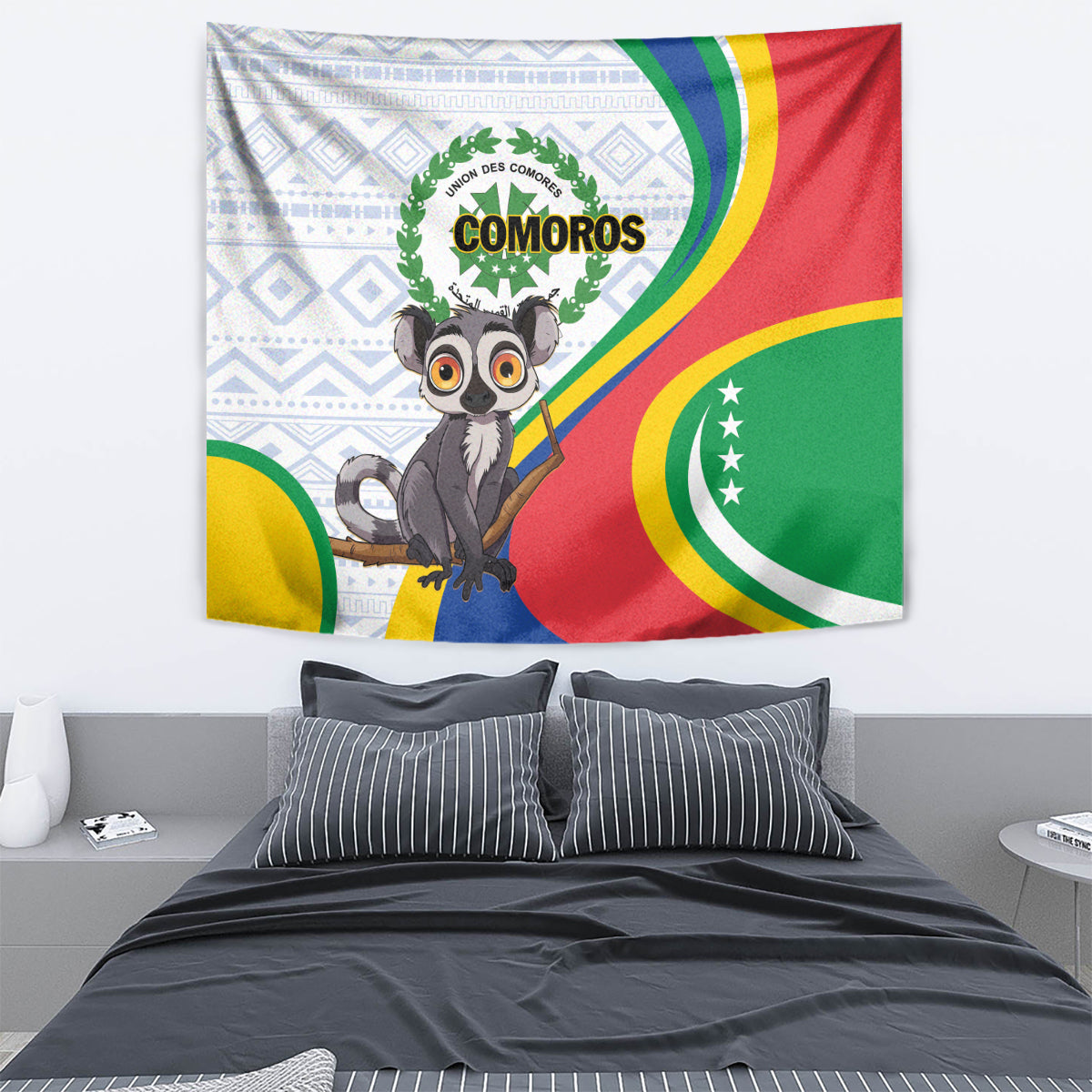 Comoros independence tapestry with cartoon lemur, shield emblem, and flag colors