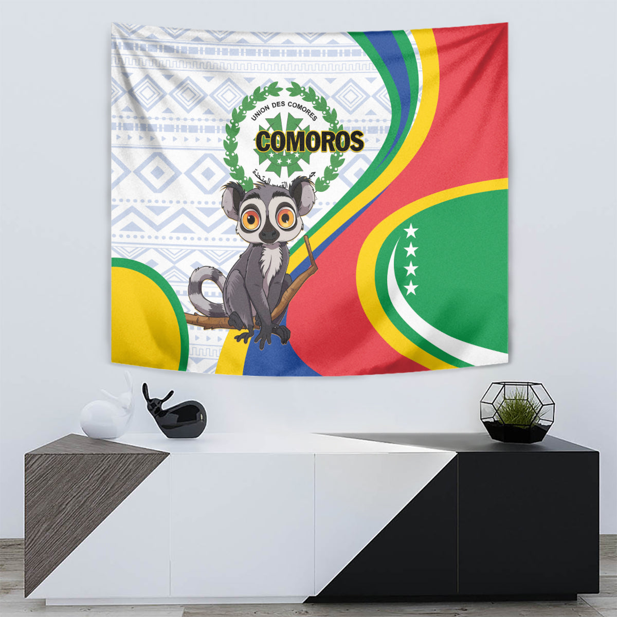 Comoros tapestry featuring cartoon lemur, emblem, and crescent stars on flag