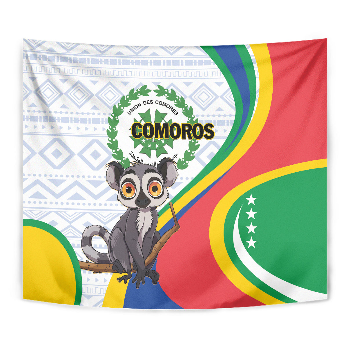 Comoros flag tapestry close-up with centered cartoon lemur and emblem