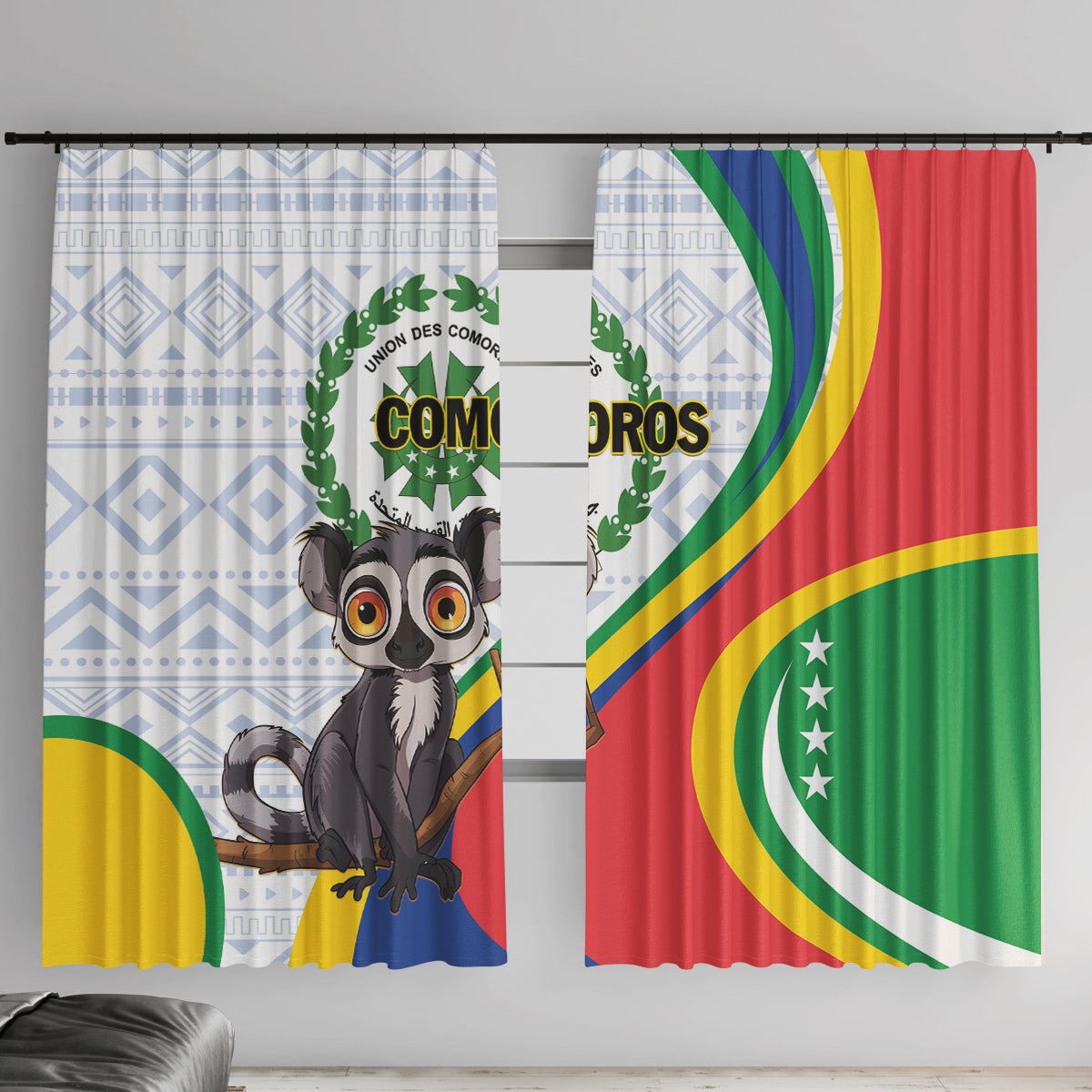 Comoros Independence Day Window Curtain 1975 Komori Mongoose Lemur African Pattern