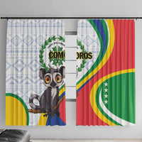 Two window curtain panels with lemur face and Comoros flag colors in rainbow arc stripes