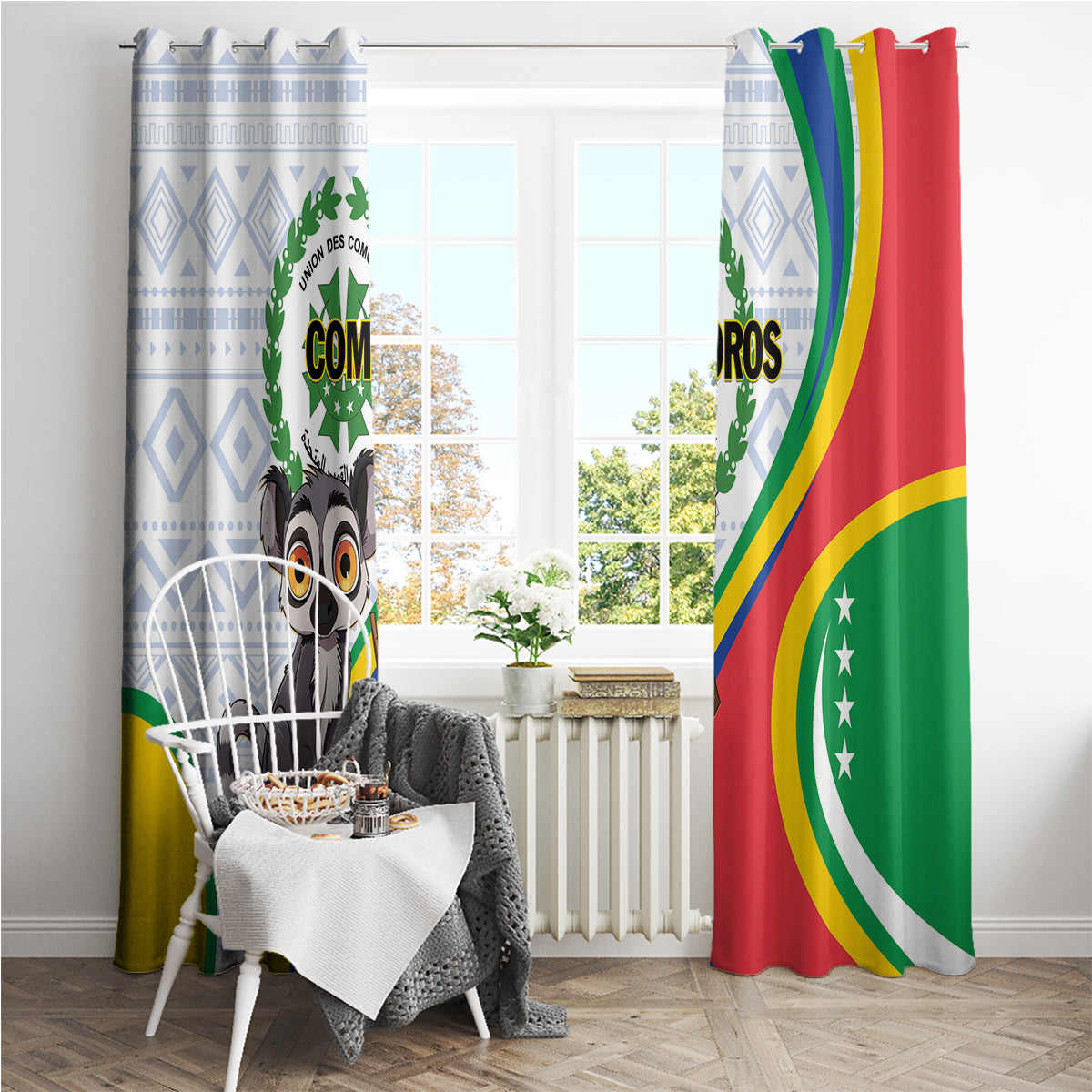 Window curtain pair with lemur graphic, blue geometric stripes, and rainbow arc stripe panels