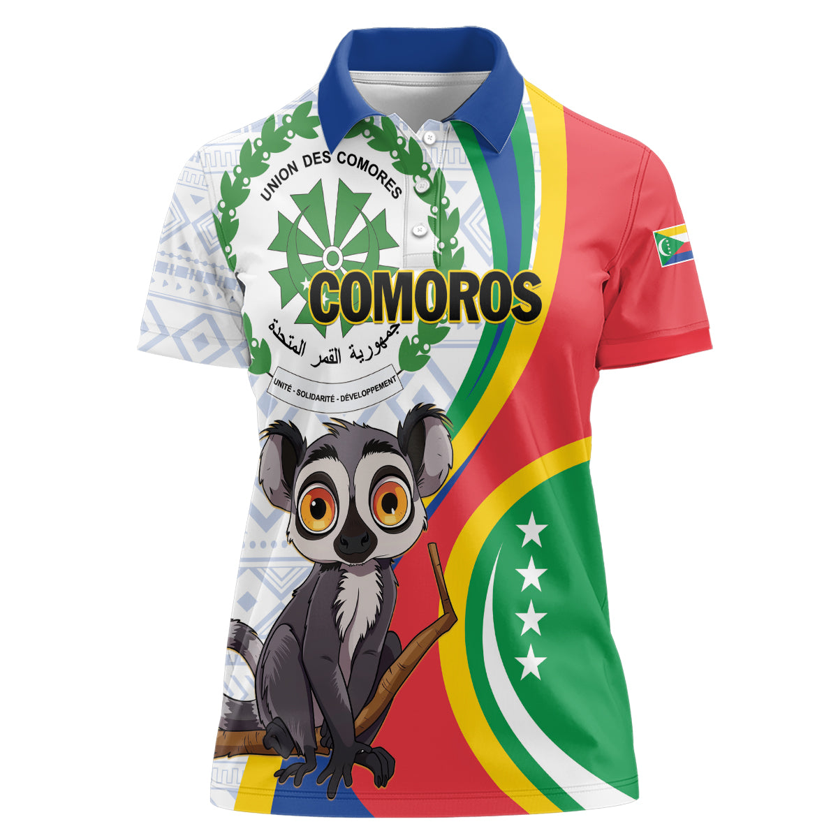 Comoros Independence Day Women Polo Shirt 1975 Komori Mongoose Lemur African Pattern