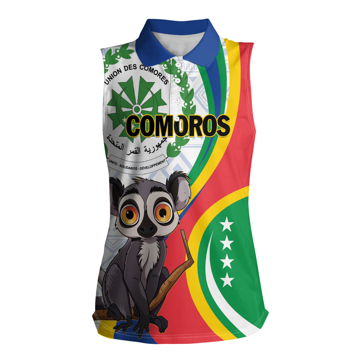 Comoros Independence Day Women Sleeveless Polo Shirt 1975 Komori Mongoose Lemur African Pattern