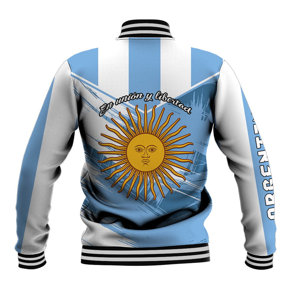 Unisex baseball jacket back view, ribbed hem, blue/gray stripes with sun and text