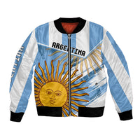 Unisex blue and white bomber jacket with full zipper and sun face graphic