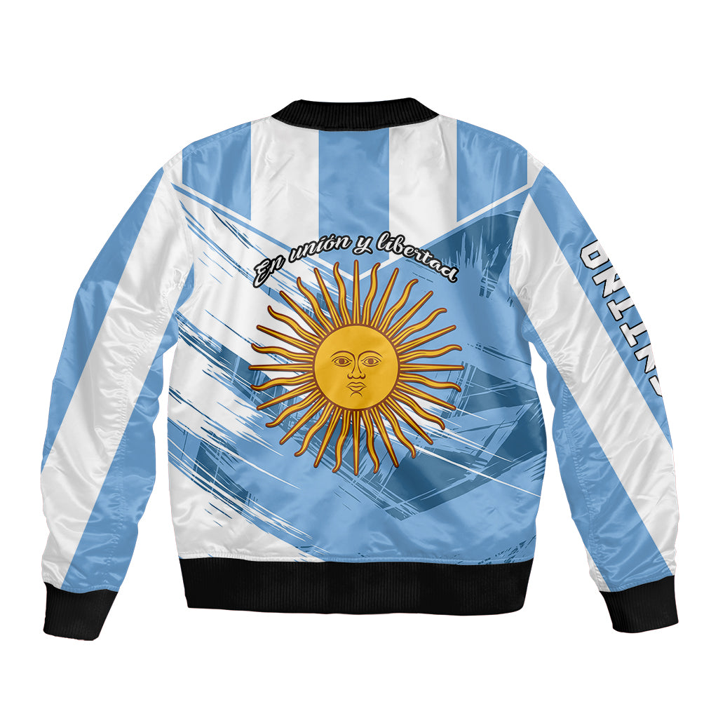 Unisex blue and white bomber jacket with sun artwork and printed text graphic