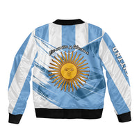 Unisex blue and white bomber jacket with sun artwork and printed text graphic