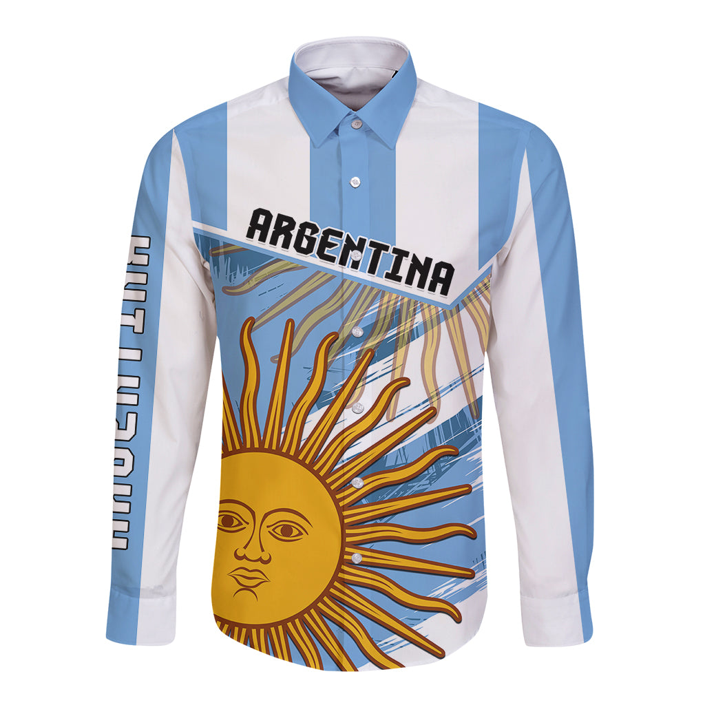 Unisex long sleeve button shirt in white with blue stripes and sun graphic front