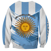 Unisex sweatshirt, back view sun-face graphic with radiating rays, blue/gray panels
