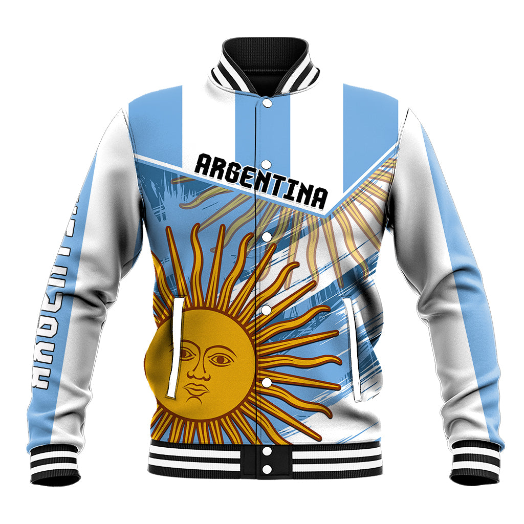 Light blue baseball jacket with gray sleeves, snap-front, ribbed trim, sun-face graphic