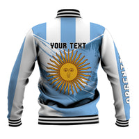 Blue baseball jacket back with ribbed stripes, snap-front, sun-face graphic, 'YOUR TEXT'