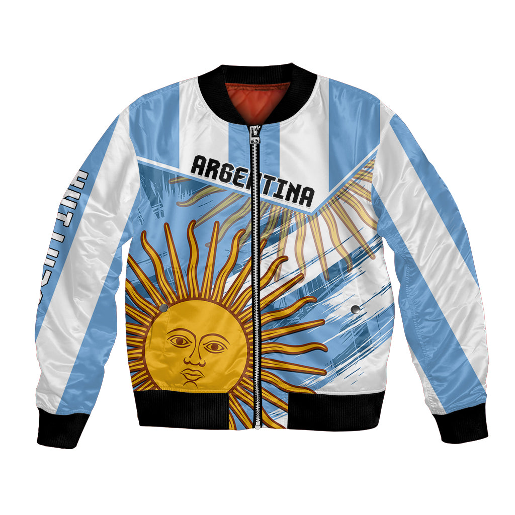 Unisex bomber jacket with light blue and white panels, full-zip front, sun face graphic