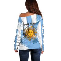 Off-shoulder blue-and-white striped sweater back view with sun graphic and YOUR TEXT
