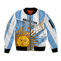 Unisex blue and white zip bomber jacket with ribbed cuffs and Argentina sun graphic