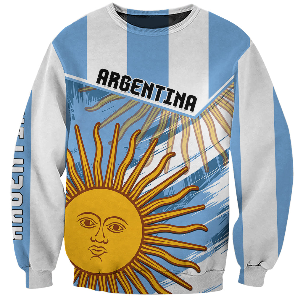 Unisex Argentina sweatshirt with blue/gray vertical stripes and large front sun graphic