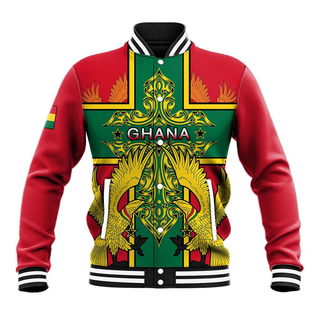 Red and green baseball jacket with eagle crest graphic and striped rib collar