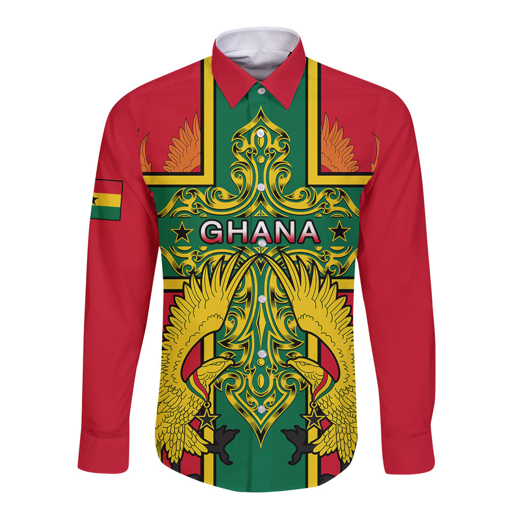 Red long sleeve button shirt with Ghana emblem and gold wing graphic panel