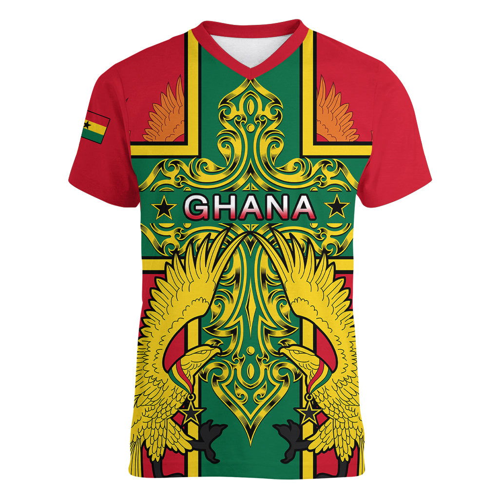 Custom Ghana Women V Neck T Shirt Ghana Cross Of Saint George With Tawny Eagles - Wonder Print Shop