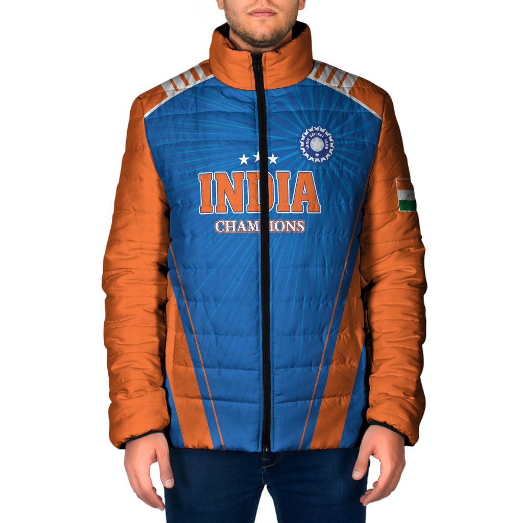 Custom India 2026 World Cricket Padded Jacket Women in Blue Go Champions