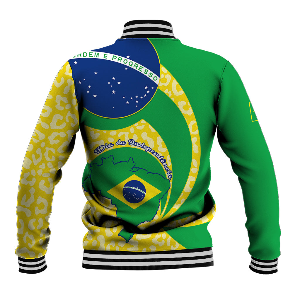 Unisex green baseball jacket with Brazil flag back graphic, striped ribbed hem and cuffs