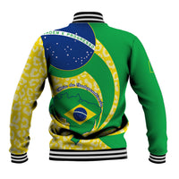 Unisex green baseball jacket with Brazil flag back graphic, striped ribbed hem and cuffs