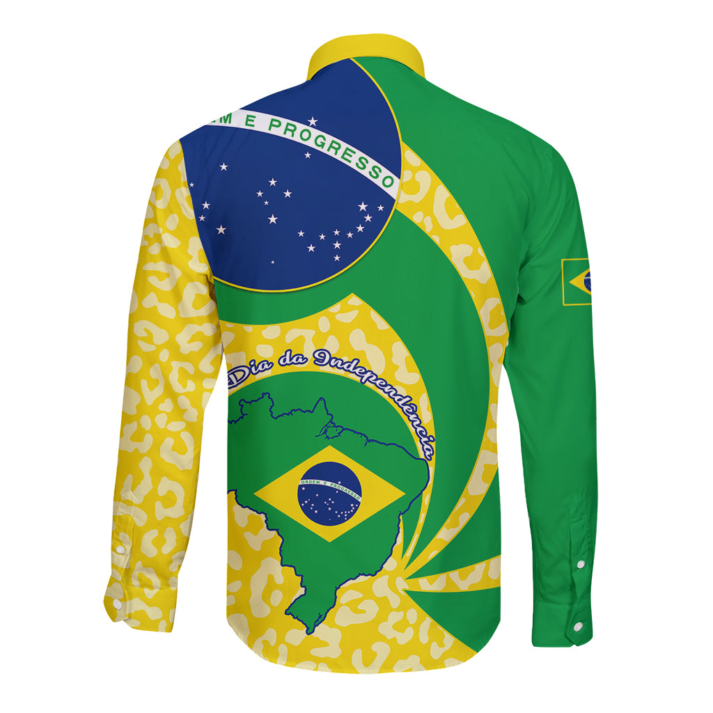 Long-sleeve button shirt, green back with Brazil flag map and yellow pattern