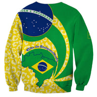 Unisex green sweatshirt with Brazil map, blue globe banner, and yellow pattern trim