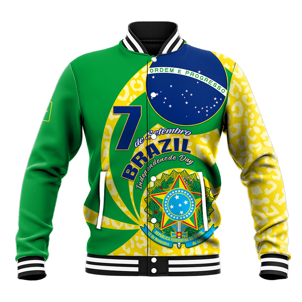 Green baseball jacket with Brazil flag graphic, varsity striped collar and cuffs