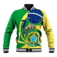 Green baseball jacket with Brazil flag graphic, varsity striped collar and cuffs