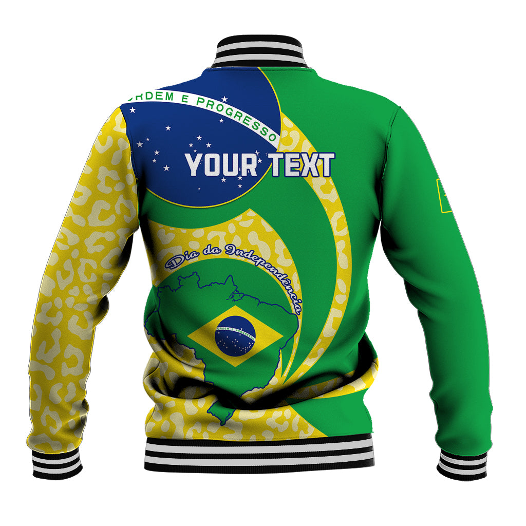 Green baseball jacket back with Brazil map and 'YOUR TEXT', striped rib collar