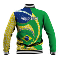 Green baseball jacket back with Brazil map and 'YOUR TEXT', striped rib collar